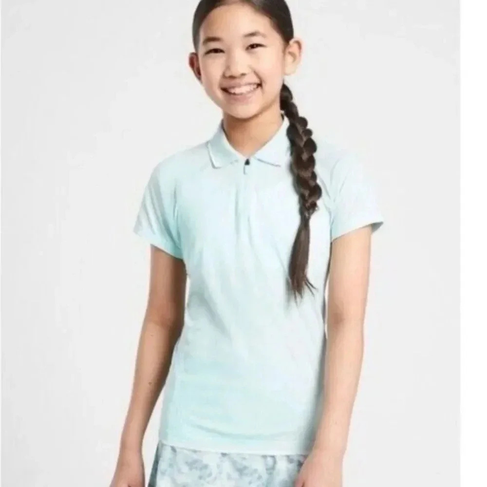 Athleta Girl Oasis Blue Power Up Active 1/4 Short Sleeve Zip Polo Shirt XL 14